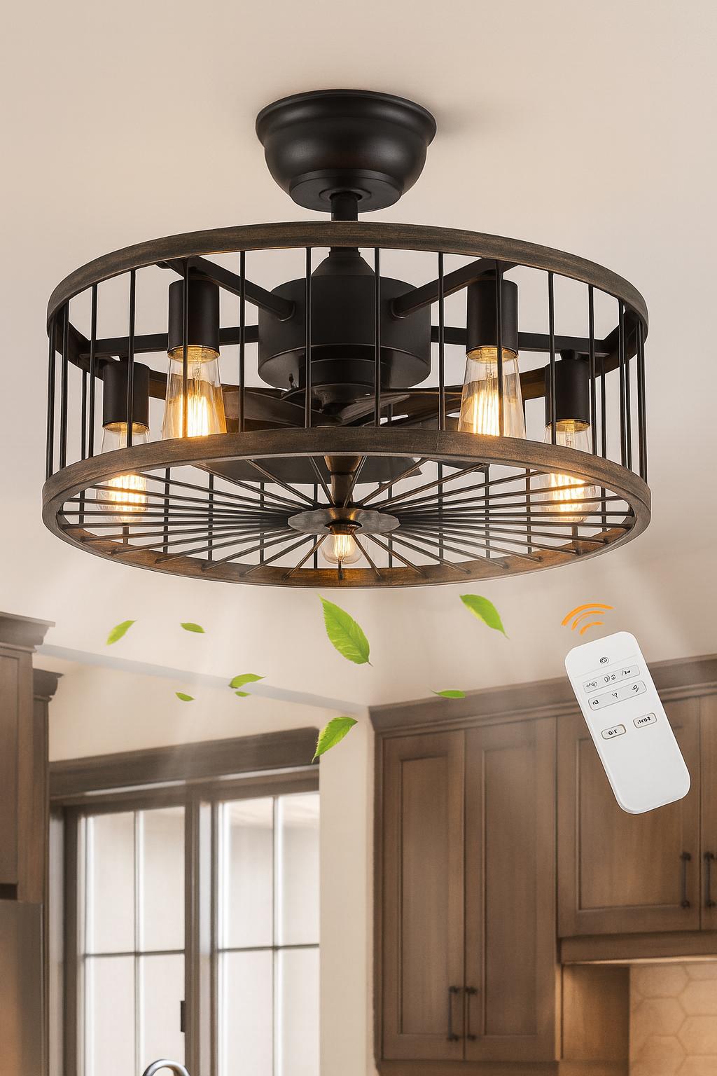 ANTOINE 20 in. Indoor Black Farmhouse Ceiling Fan Caged Ceiling Fan with Lights and Remote Small Industrial Ceiling Fan