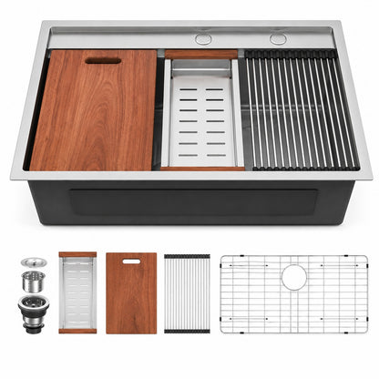 LORDEAR 33 in x 22 in Workstation Single Bowl 16 Gauge Stainless Steel Drop In Kitchen Sink with Bottom Grid