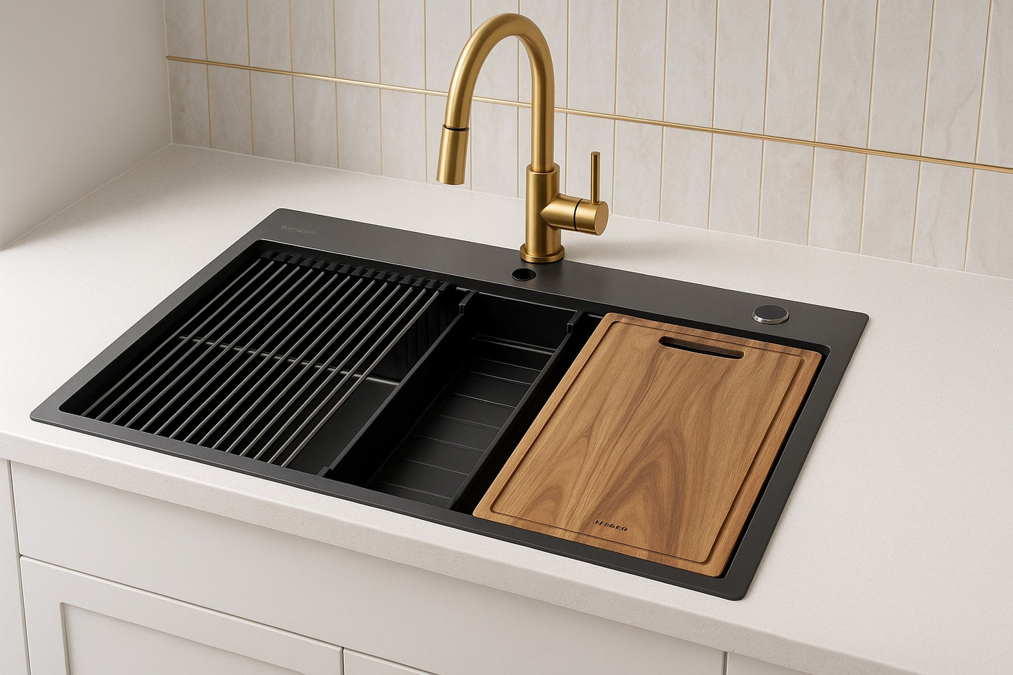 33 in. Drop-In Single Bowl 18 Gauge Gunmetal black Stainless Steel Workstation Kitchen Sink with Spring Neck Faucet
