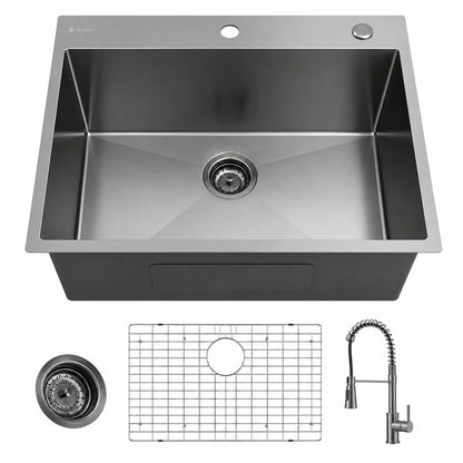 Glacier Bay 33 in Drop In Single Bowl 18 Gauge Gunmetal black Stainless Steel Workstation Kitchen Sink with Accessories ACS3322A1TS