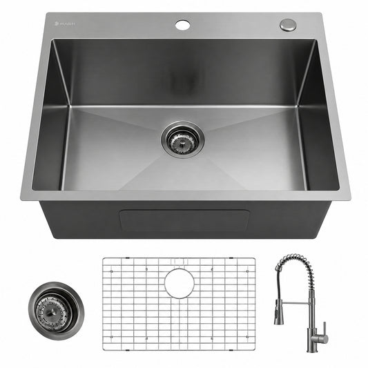 Glacier Bay 33 in Drop In Single Bowl 18 Gauge Gunmetal black Stainless Steel Workstation Kitchen Sink with Accessories ACS3322A1TS