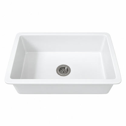 Eridanus Oslo 32 in Drop In Undermount Single Bowl in Crisp White Fireclay Kitchen Sink with Bottom Grid and Basket Strainer
