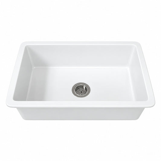 Eridanus Oslo 32 in Drop In Undermount Single Bowl in Crisp White Fireclay Kitchen Sink with Bottom Grid and Basket Strainer