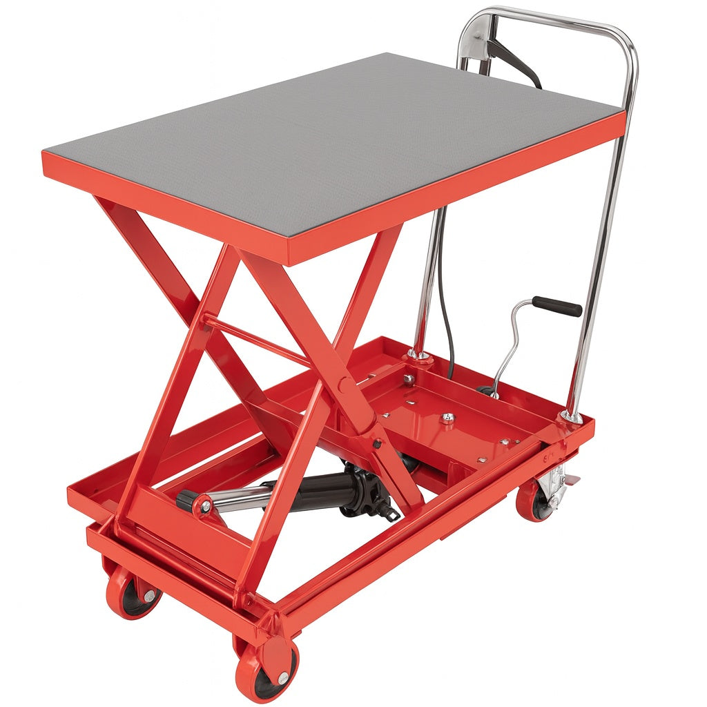 VEVOR Hydraulic Lift Table Cart 500 lbs. Capacity Manual Single Scissor Lift Cart with 4 Wheels 28.5 in. Lifting Height (Red)