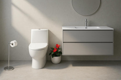 1 Piece 1.1/1.6 GPF Dual Flush Compact Elongated WaterSense Toilet in White Soft Close Seat Included 732829116340 Hanikes