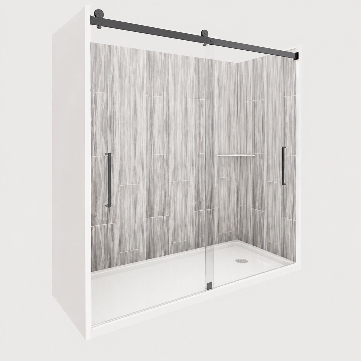 NuVo Driftwood Tetherow 60 in x 34 in x 83 in Base Wall Door Rectangular Alcove Shower Stall Kit Matte Black Center