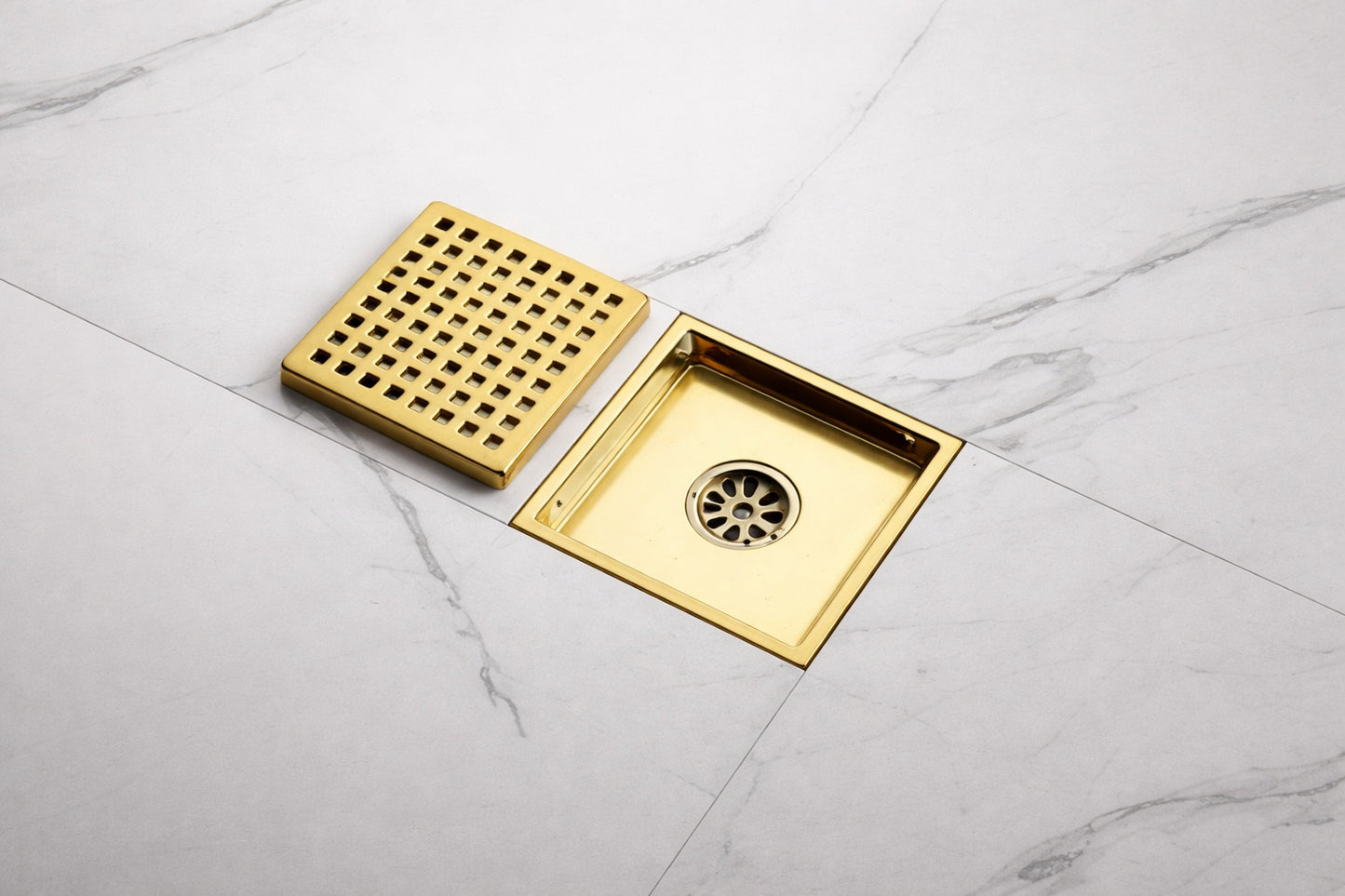 Flynama 6 in x 6 in Stainless Steel Square Shower Drain with Square Pattern Drain Cover in Gold