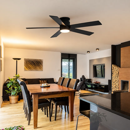 Breezary Hector II 52 in Covered Outdoor Standard Black Flush Ceiling Fan with LED Light Black Blade and Remote Included 24023 AB
