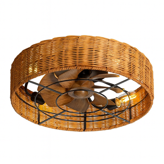 Breezary 19 in. Indoor Black and Natural Bohemian Rattan Ceiling Fan with Light Kit and Remote Control Included