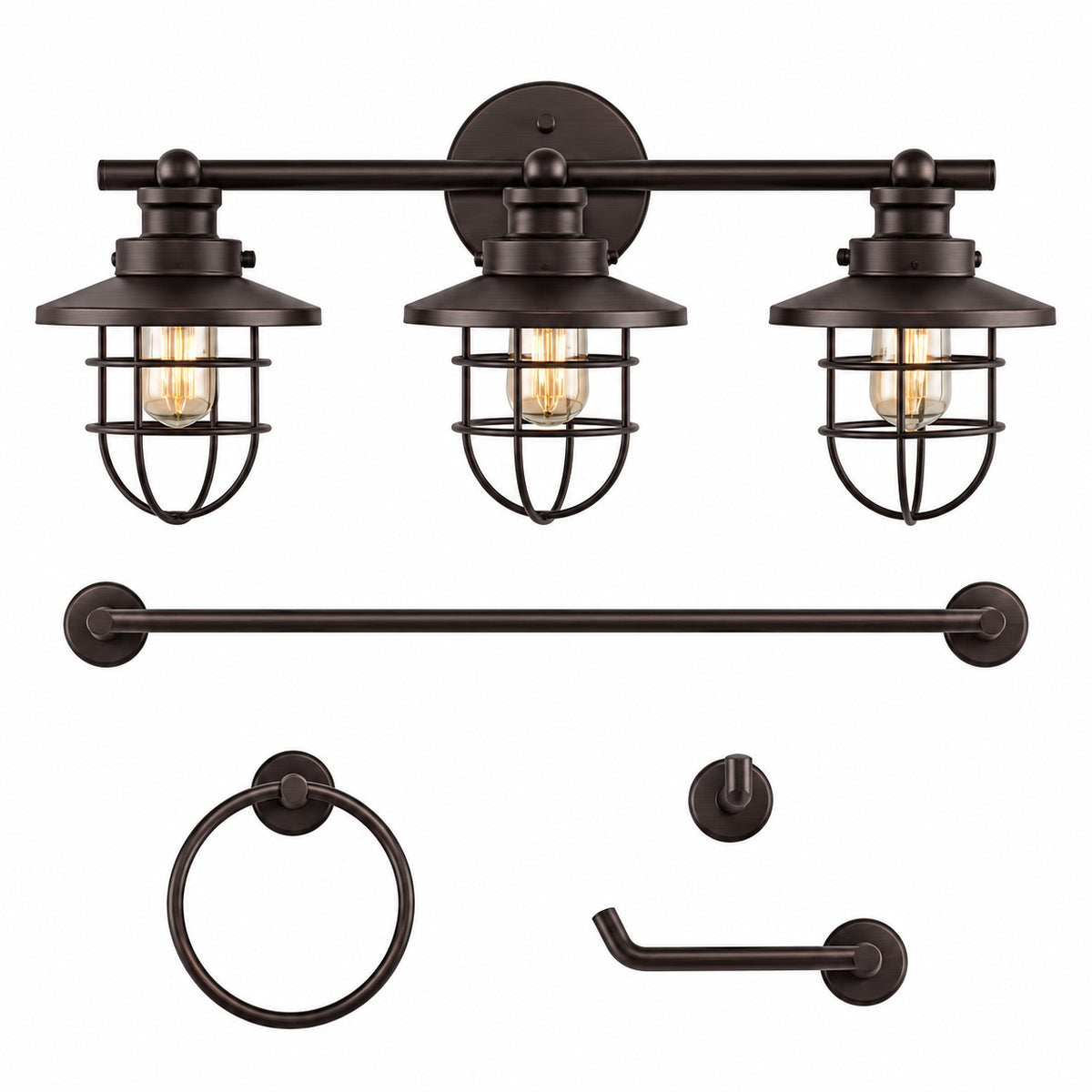 JONATHAN Y Ellis 24 in 3 Light Industrial Farmhouse Vanity Light with Bathroom Hardware Accessory Set Oil Rubbed Bronze 5 Piece JYL1506A