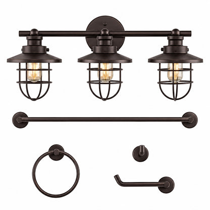 JONATHAN Y Ellis 24 in 3 Light Industrial Farmhouse Vanity Light with Bathroom Hardware Accessory Set Oil Rubbed Bronze 5 Piece JYL1506A