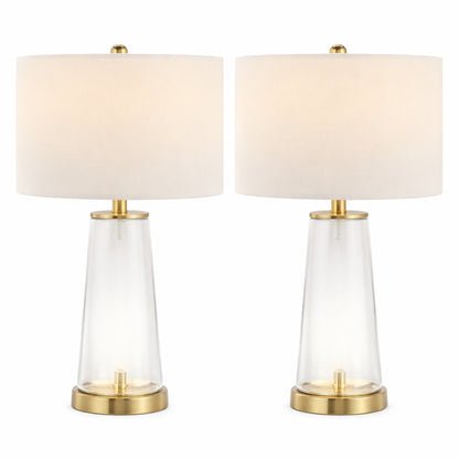Jonathan Y Tryon 26 In Modern Minimalist Glass Iron Led Table Lamp Set With Linen Shade And Nightlight Brass Gold Clear Set Of 2