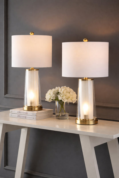 Jonathan Y Tryon 26 In Modern Minimalist Glass Iron Led Table Lamp Set With Linen Shade And Nightlight Brass Gold Clear Set Of 2