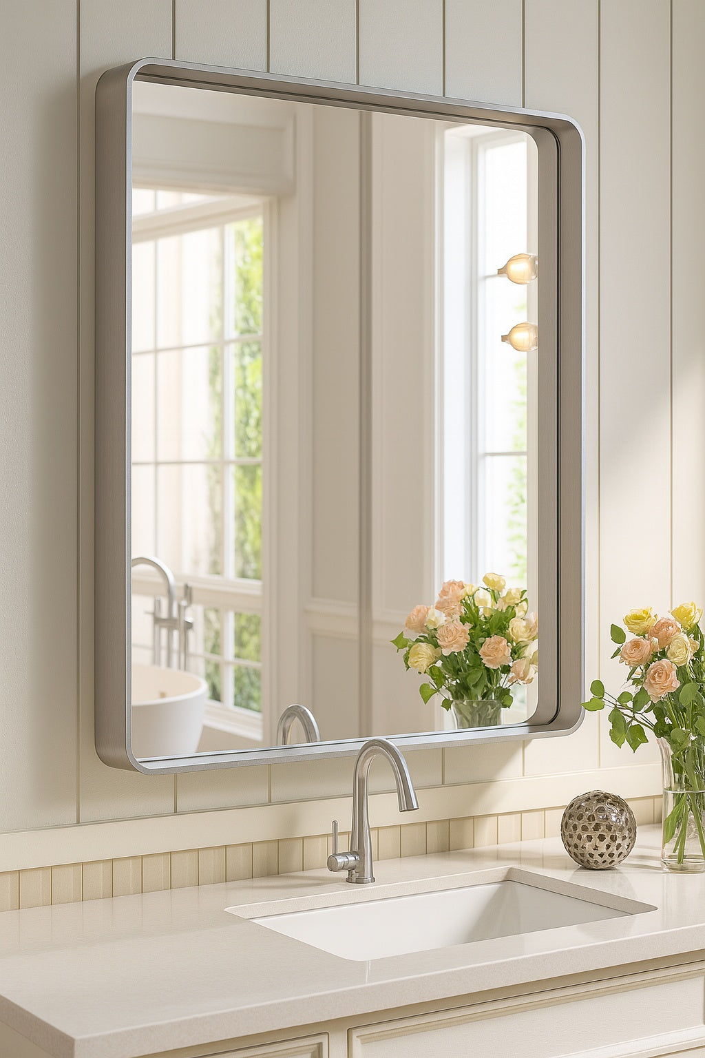24 in. W x 30 in. H Rectangular Aluminum Framed Wall Mount Bathroom Vanity Mirror in Silver
