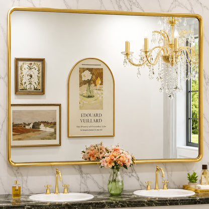 TETOTE 42 in W x 36 in H Rectangular Aluminum Framed Wall Mount Bathroom Vanity Mirror in Gold