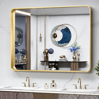 TETOTE 42 in W x 36 in H Rectangular Aluminum Framed Wall Mount Bathroom Vanity Mirror in Gold