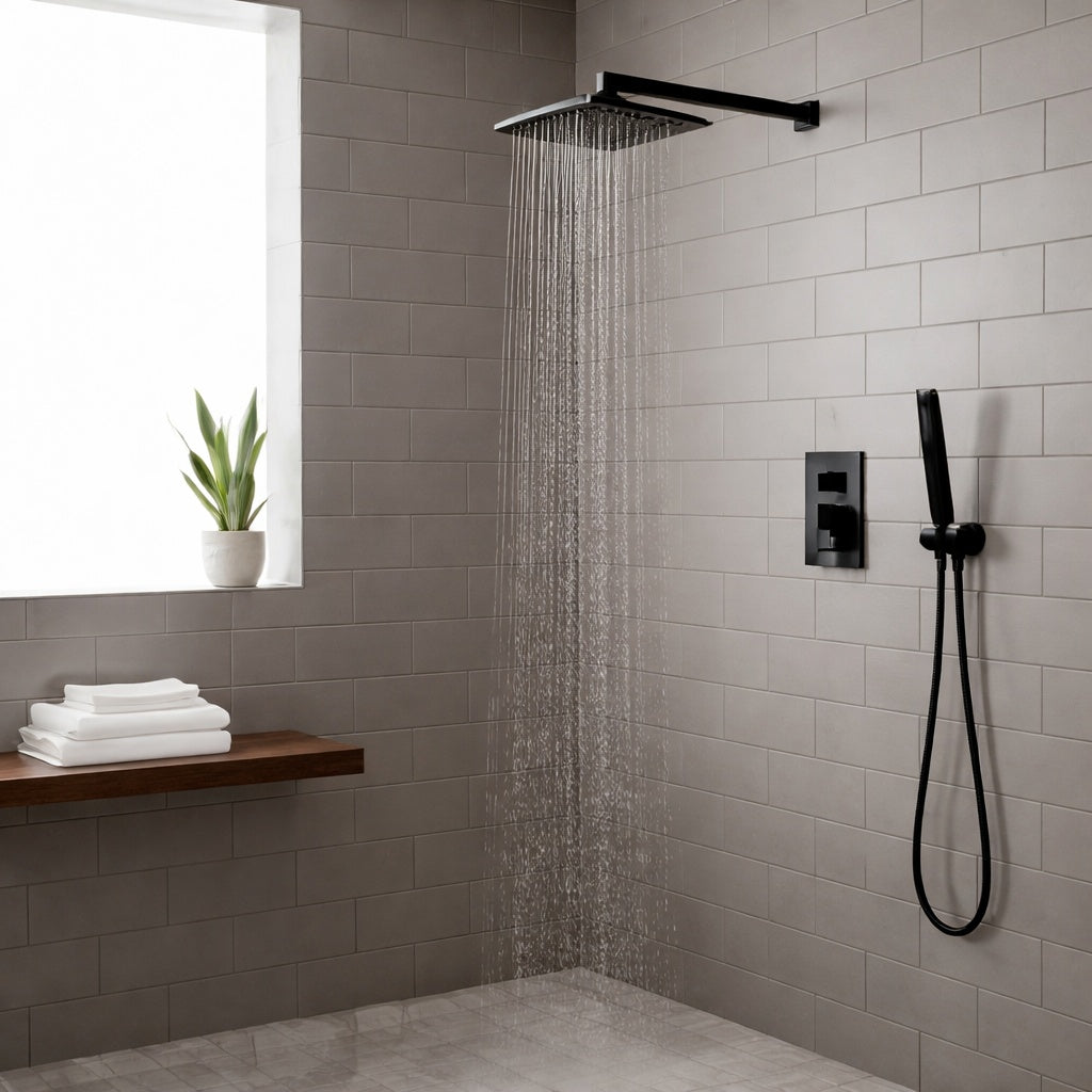 HOMEMYSTIQUE Single Handle 2 Spray 12 Rainfall Shower Faucet Fixture Combo Set 2 5 GPM Shower System with Handheld in Matte Black