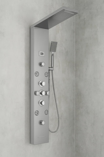 Dual 6-in-One 8-Jet Shower Panel Tower System with Rainfall and Waterfall Head in Brushed Nickel and Chrome