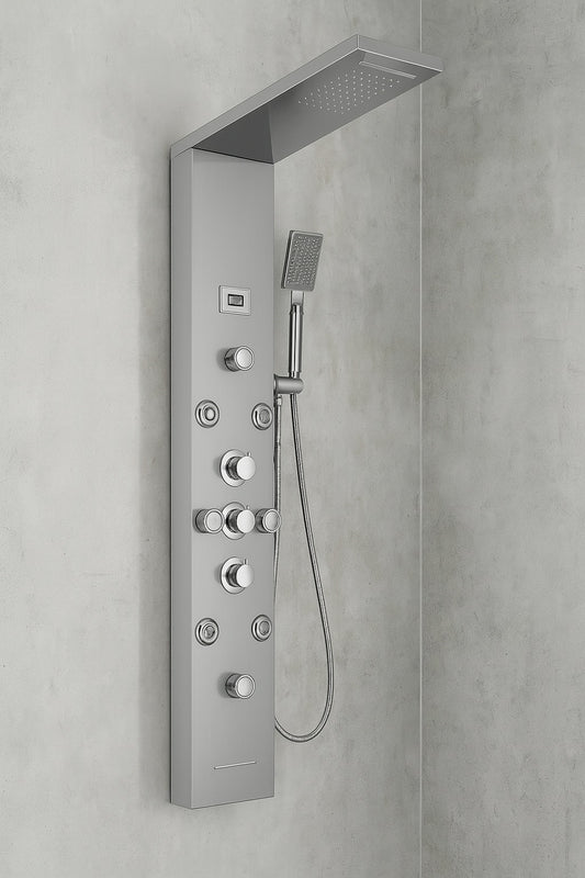 Dual 6-in-One 8-Jet Shower Panel Tower System with Rainfall and Waterfall Head in Brushed Nickel and Chrome