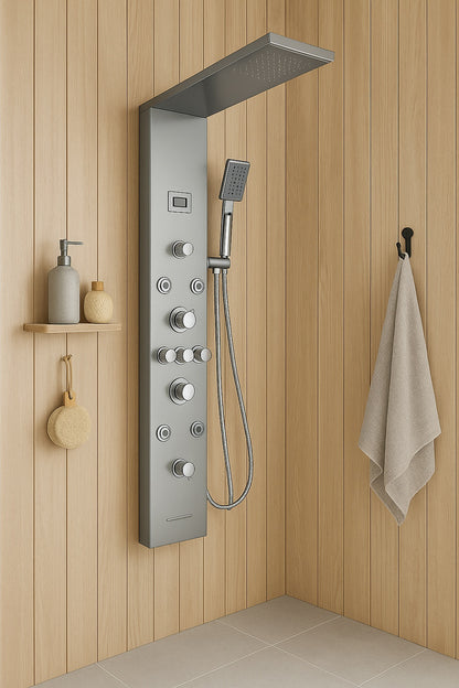 Dual 6-in-One 8-Jet Shower Panel Tower System with Rainfall and Waterfall Head in Brushed Nickel and Chrome
