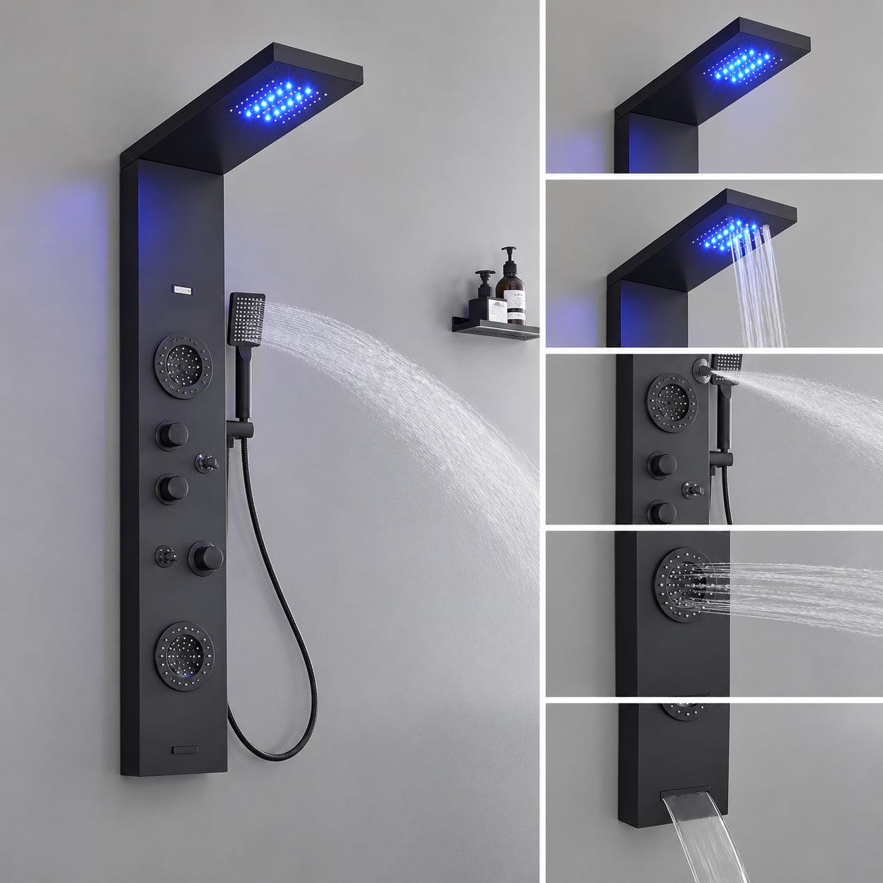 HOMEMYSTIQUE Dual 5 in 1 4 Jet Shower Panel Tower System with Rainfall Waterfall Shower Head and Massage Body Jets in Matte Black