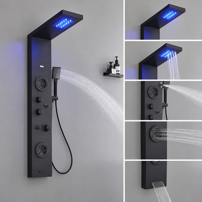 HOMEMYSTIQUE Dual 5 in 1 4 Jet Shower Panel Tower System with Rainfall Waterfall Shower Head and Massage Body Jets in Matte Black