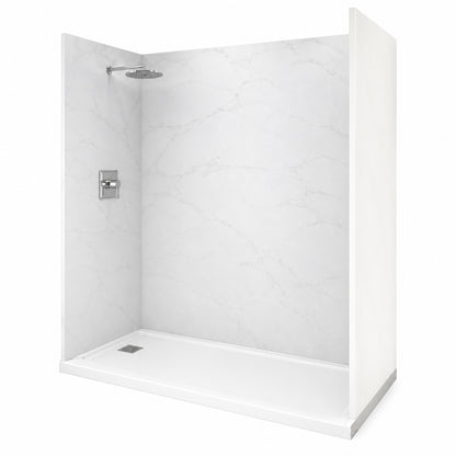 Sierra Light 36 in x 72 in x 84 in Solid Composite Stone Alcove Shower Kit with Walls and White Pan Base L R Drain