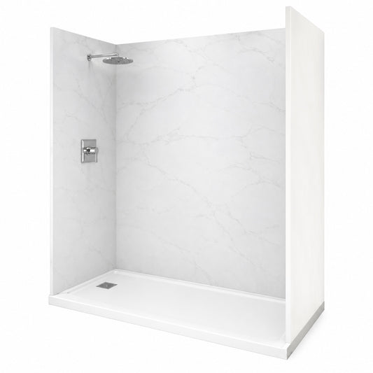 Sierra Light 36 in x 72 in x 84 in Solid Composite Stone Alcove Shower Kit with Walls and White Pan Base L R Drain