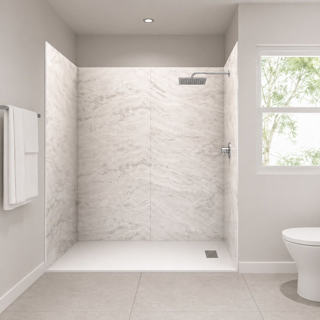 Sierra Light 36 in x 72 in x 84 in Solid Composite Stone Alcove Shower Kit with Walls and White Pan Base L R Drain