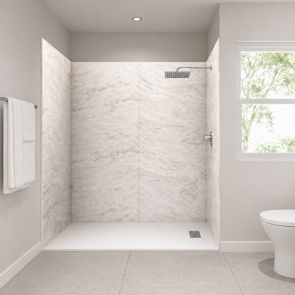 Sierra Light 36 in x 72 in x 84 in Solid Composite Stone Alcove Shower Kit with Walls and White Pan Base L R Drain