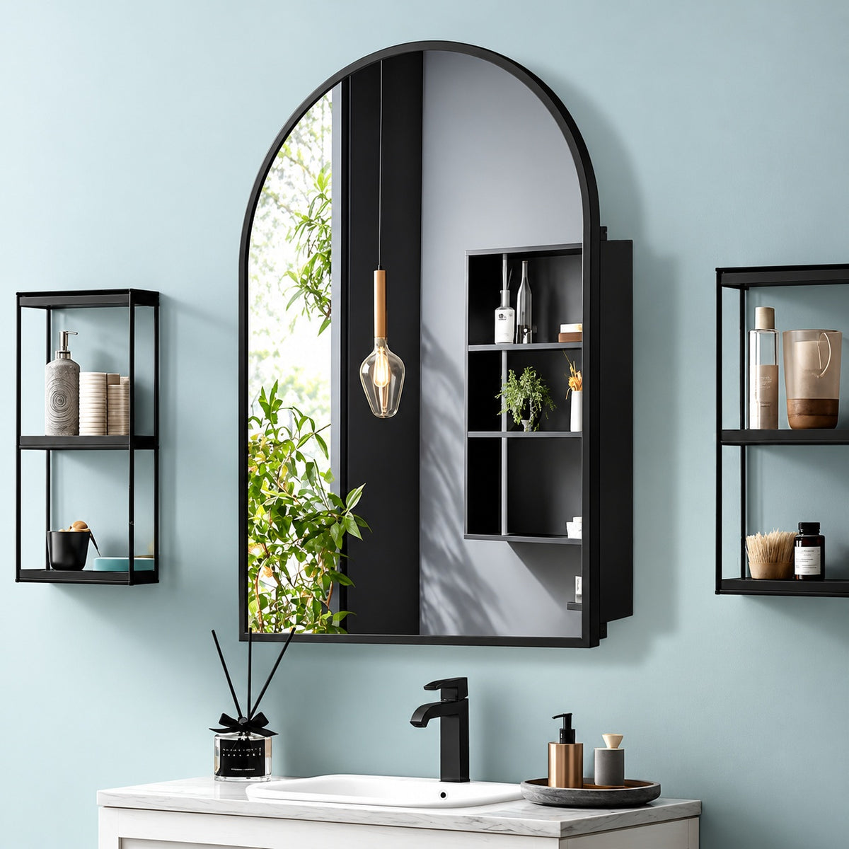 Lirago 24 in W x 36 in H Arched Recessed Surface Mount Medicine Cabinet with Mirror in Black HD TJS54