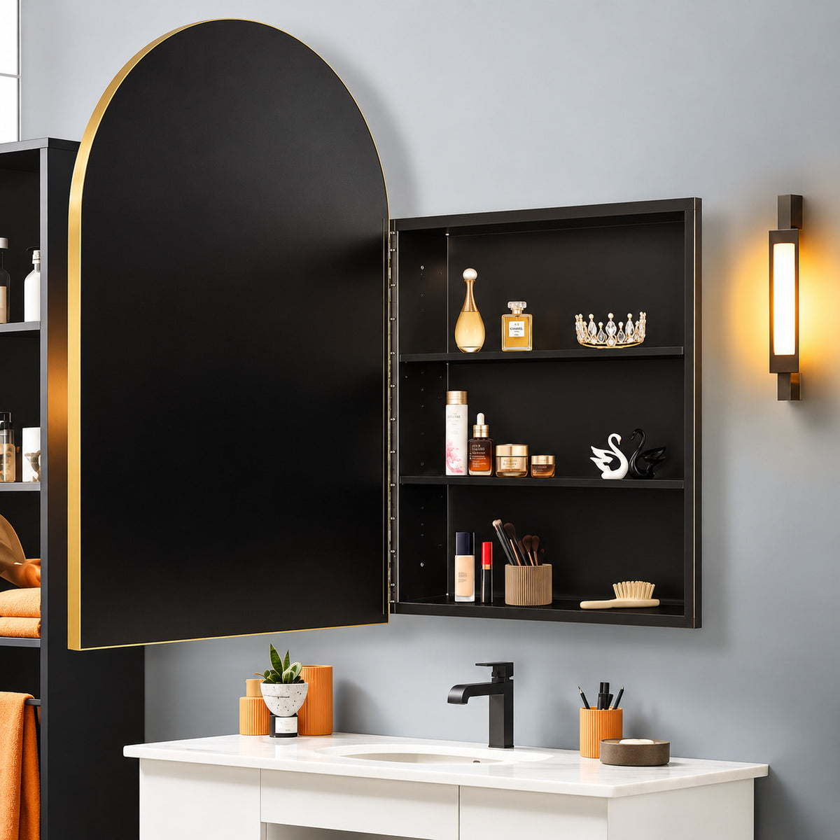 Lirago 24 in W x 36 in H Arched Recessed Surface Mount Medicine Cabinet with Mirror in Black HD TJS54