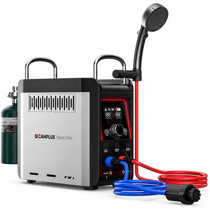 CAMPLUX Nano 20500 BTU Outdoor Portable 1 lb Propane Water Heater W 4000mAh Rechargeable Battery for Showering Cleaning 0 8 GPM Nano 3P