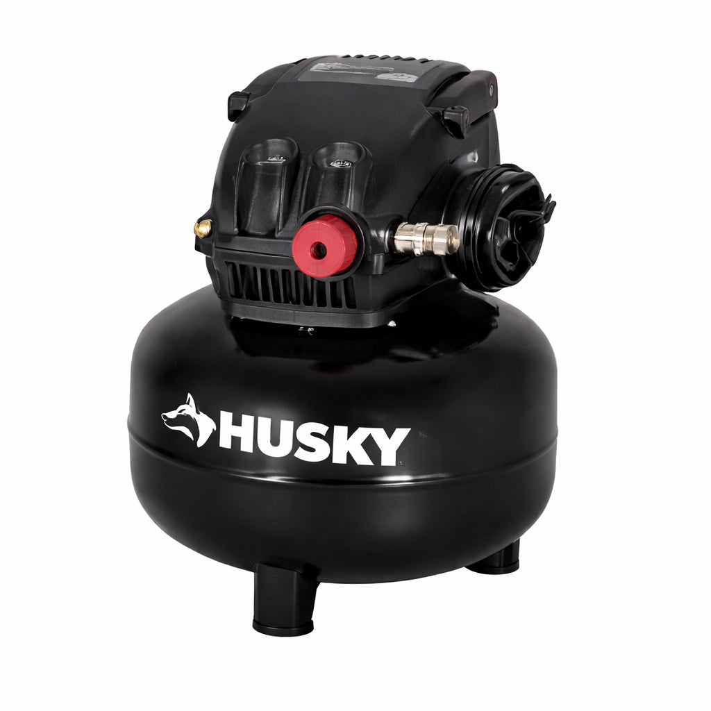 Husky 3 Gal 120 PSI Portable Electric Oil Free Light Duty Pancake Air Compressor with Fold Down Handle and 1 Quick Coupler