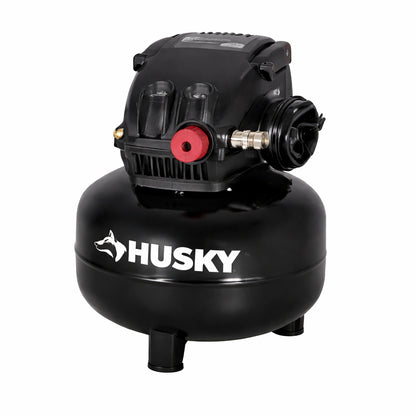 Husky 3 Gal 120 PSI Portable Electric Oil Free Light Duty Pancake Air Compressor with Fold Down Handle and 1 Quick Coupler