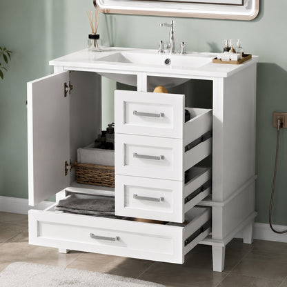 Virubi 30 in W x 18 in D x 34 in H Single Sink Bath Vanity in White with White Ceramic Top Drawers and Soft Closing Door