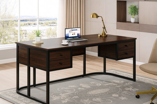 TRIBESIGNS WAY TO ORIGIN Halseey 63 in. Dark Walnut and Black Executive Large Office Computer Desk 4 Drawers Business Workstation Home Office