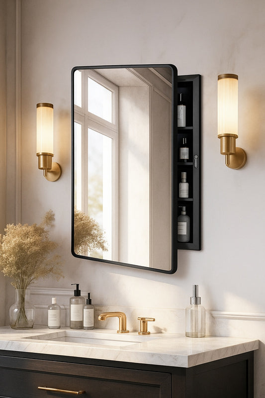 Lirago 16 in W x 24 in H Rectangular Recessed Surface Mount Medicine Cabinet Mirror Black
