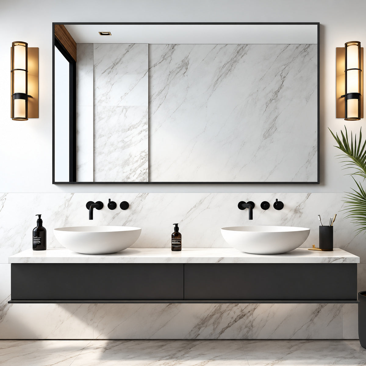 Lirago 32 in W x 51 in H Rectangular Metal Framed Bathroom Wall Mirror in Black HD TJS65