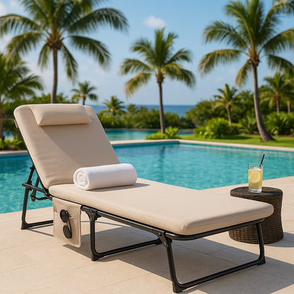 Unbranded Folding Chaise Lounge Gray 1-Piece Metal Outdoor Chaise Lounge with CushionGuard Beige Cushions