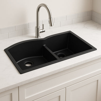 Elkay Quartz Classic 33 in. Undermount Double Bowl Matte Black Granite/Quartz Composite Kitchen Sink Only