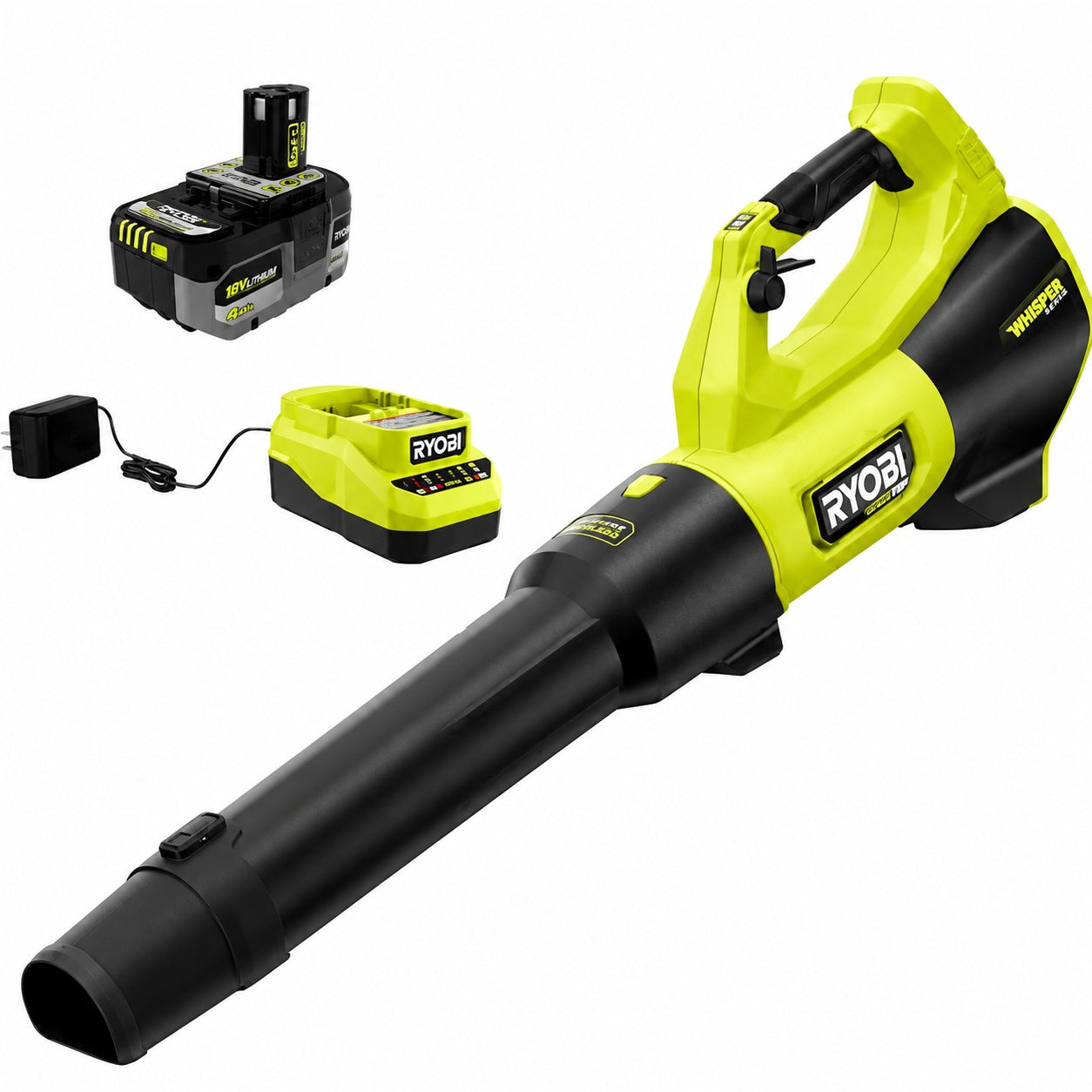 RYOBI ONE HP 18V Brushless Whisper Series 130 MPH 510 CFM Battery Leaf Blower with 6 0 Ah Battery and Charger PBLLB01K