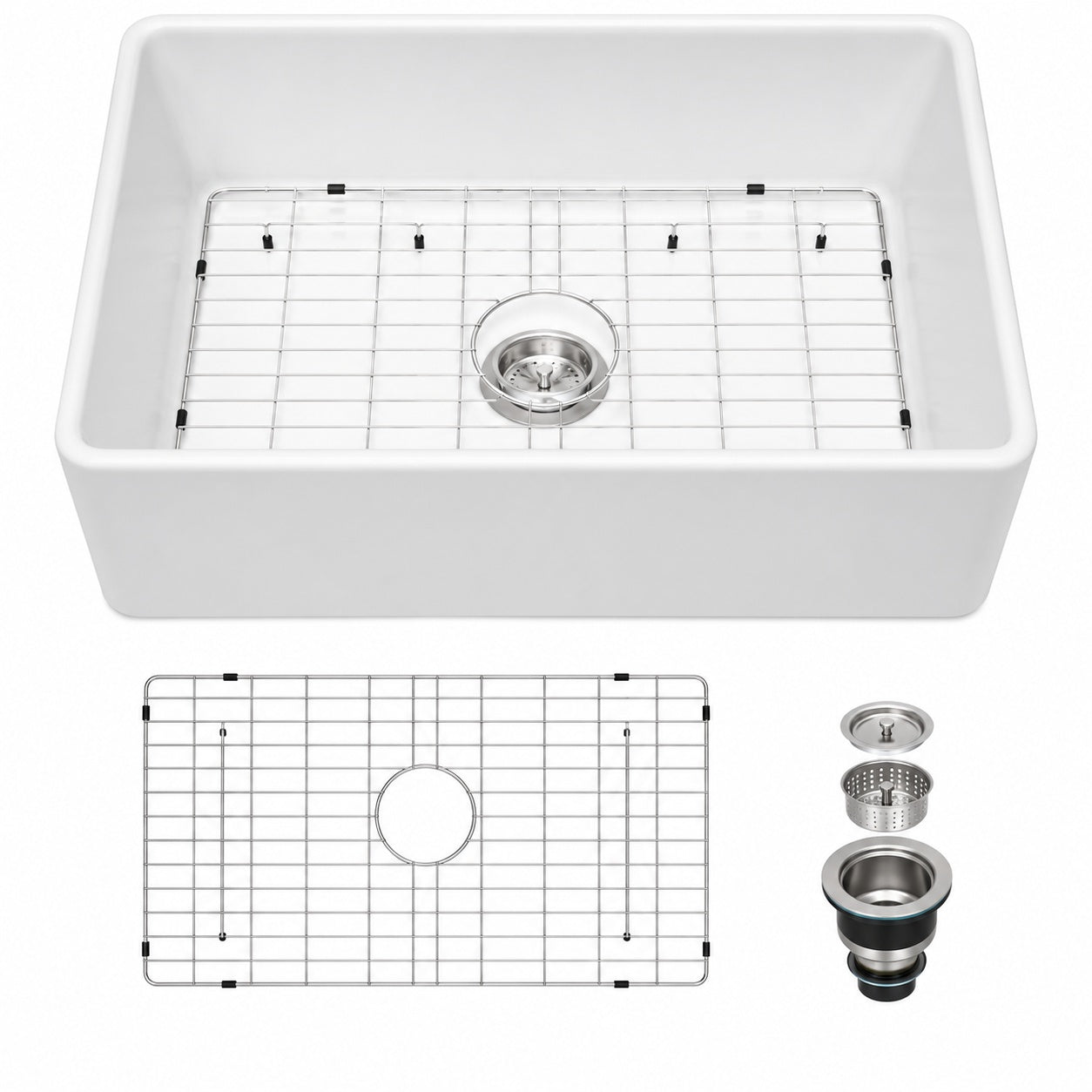 LORDEAR Ceramic 28 in Single Bowl Farmhouse Apron Kitchen Sink with Sink Grid and Basket Strainer