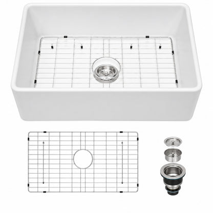 LORDEAR Ceramic 28 in Single Bowl Farmhouse Apron Kitchen Sink with Sink Grid and Basket Strainer