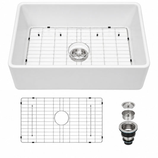 LORDEAR Ceramic 28 in Single Bowl Farmhouse Apron Kitchen Sink with Sink Grid and Basket Strainer