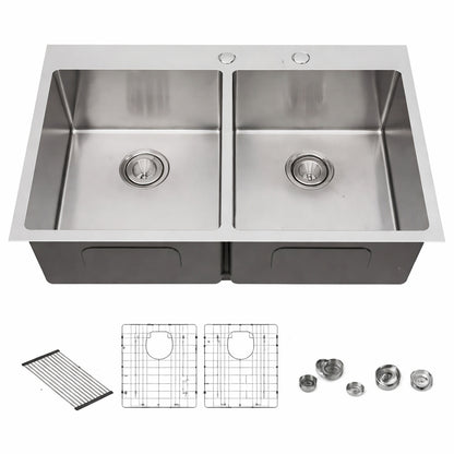 16 Gauge Stainless Steel 33 In Double Bowl 50 50 Drop In Kitchen Sink With Accessories