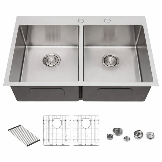 16 Gauge Stainless Steel 33 In Double Bowl 50 50 Drop In Kitchen Sink With Accessories