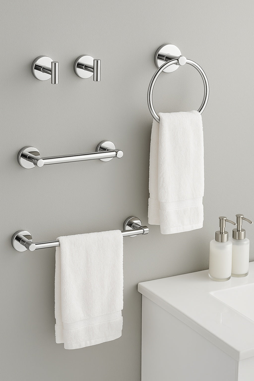 5-Piece Bath Hardware Set with Towel Bar Towel Hook Toilet Paper Holder and Towel Ring Set in Polished Chrome