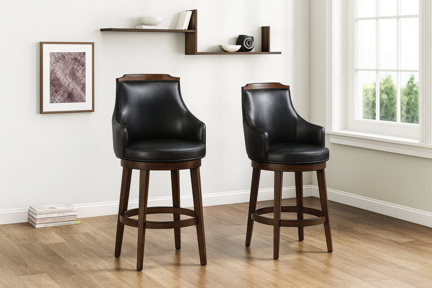Lazzara Toulon 28 in. Burnished Oak Finish Wood Swivel Pub Height Chair with Dark Brown Faux Leather Seat (Set of 2)