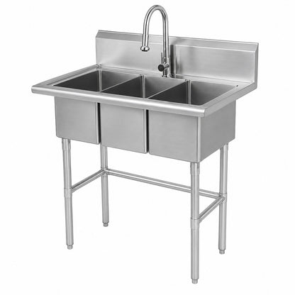 Glacier Bay 38 in W x 24 in D Freestanding Stainless Steel 3 Compartment Commercial Laundry Utility Sink with Faucet and Drain
